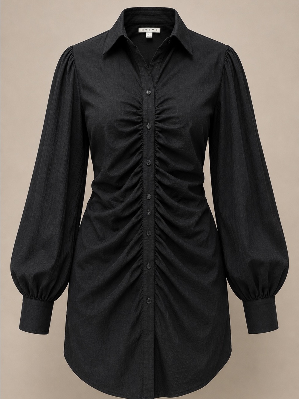 HYFVE Black Ruched Button Front Puff Sleeve Mini Shirt Dress L